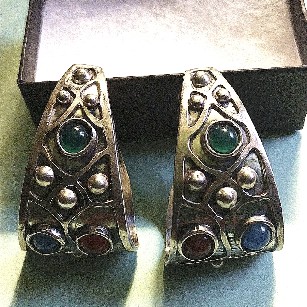 TAXCO LARGE STERLING CLIP-0N MULTI STONE EARRINGS SIGNED VINTAGE COLLECTABLE